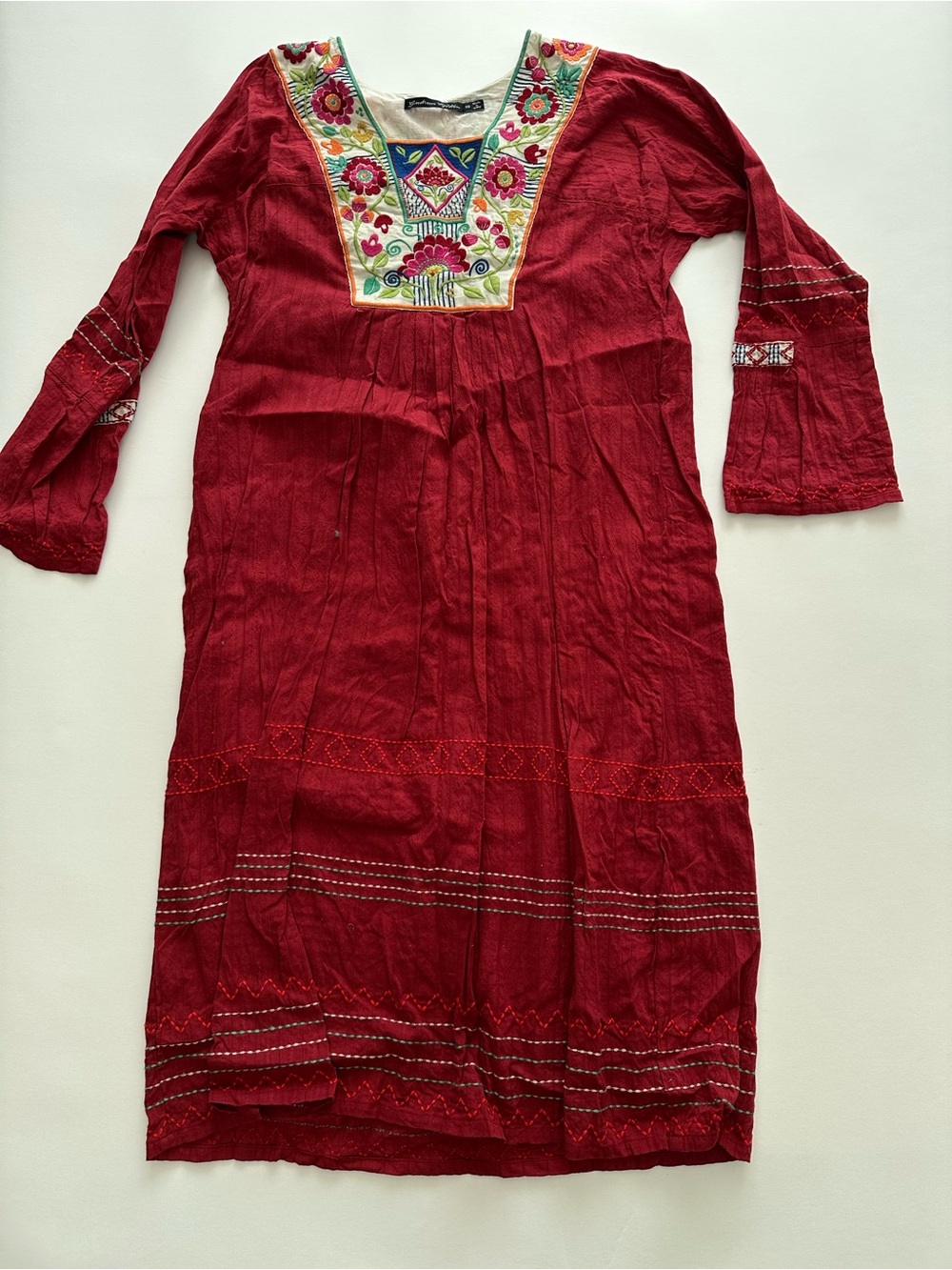 Boho Folk Art Embroidered Maxi Dress Bell Sleeve Artisan Cottagecore/ scandicore